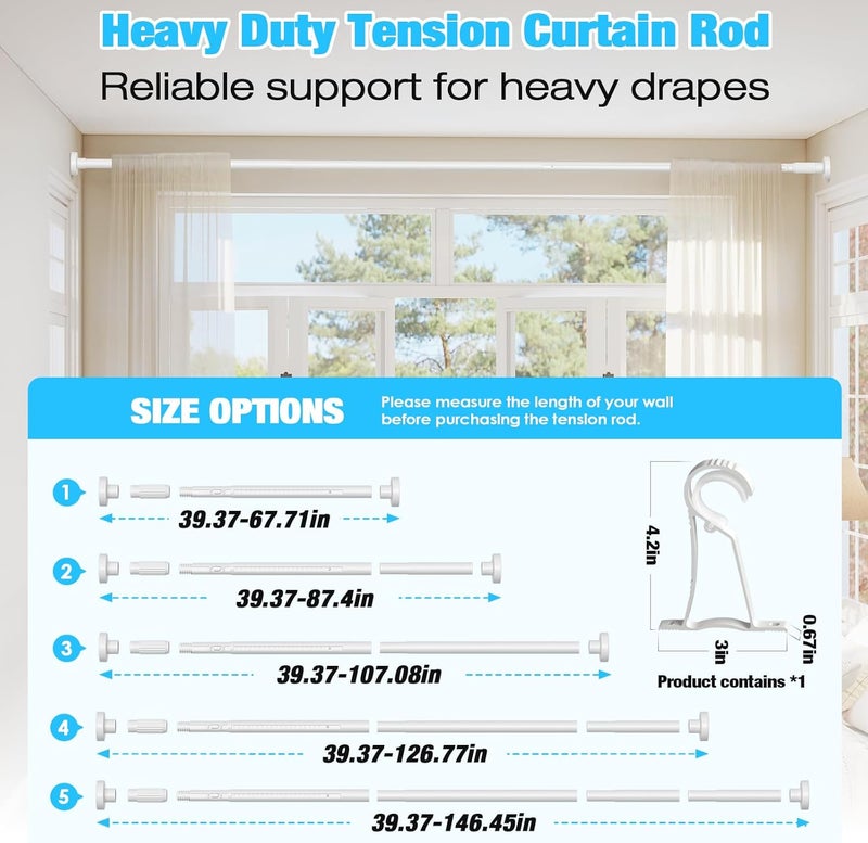 MEXAU White Tension Curtain Rods 41-146 In Extra Long Outdoor Patio Curtain Rods No Drilling Adjustable Heavy Duty Tension Rods for Windows Bathroom Living Room Curtains, Rod Diameter 1.26In - Image 4